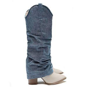 New Blue Denim Cowboy Fold Over Knee High Tall Boots